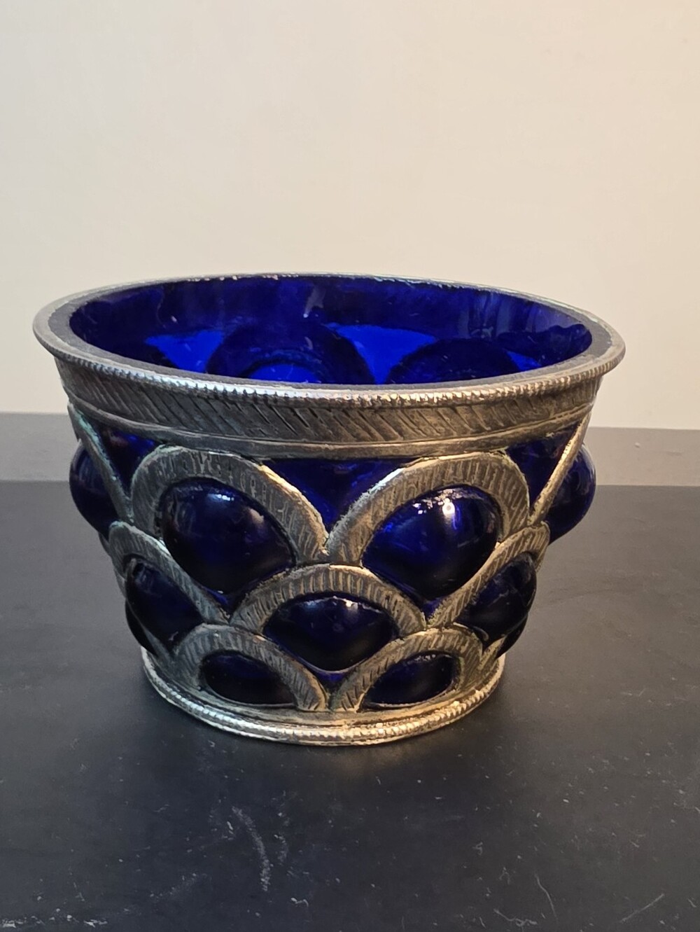 Decorative Cobalt Blue Glass Bowl with Antiqued Metal Overlay